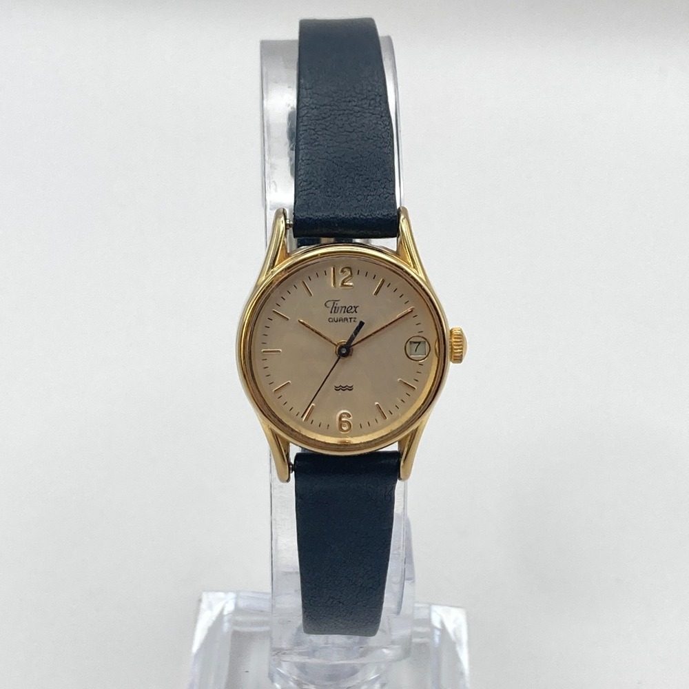 Vintage Timex Womens Watch 22mm Gold Tone Linen Dial Date New Battery SMALL 7.5" - Picture 3 of 16